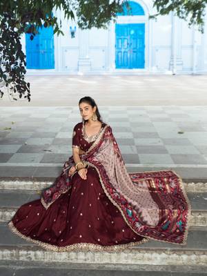 Wine Red Vichitra Silk Thread Work Lehenga with Scalloped Border Dupatta 4