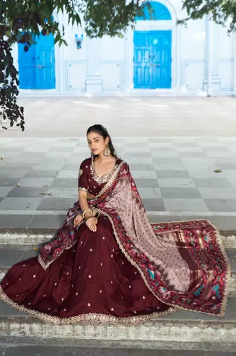 Wine Red Vichitra Silk Thread Work Lehenga with Scalloped Border Dupatta
