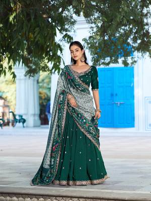 Green Vichitra Silk Thread Work Lehenga with Scalloped Border Dupatta 1