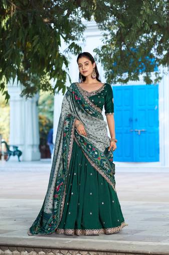 Green Vichitra Silk Thread Work Lehenga with Scalloped Border Dupatta