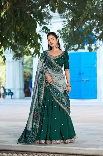 Green Vichitra Silk Thread Work Lehenga with Scalloped Border Dupatta
