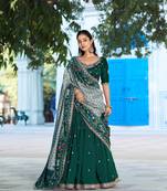 Green Vichitra Silk Thread Work Lehenga with Scalloped Border Dupatta