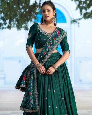 Green Vichitra Silk Thread Work Lehenga with Scalloped Border Dupatta 2