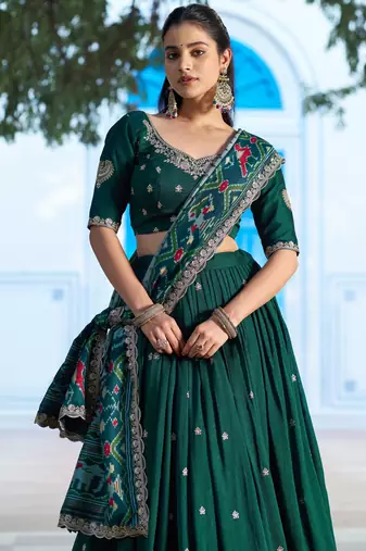 Green Vichitra Silk Thread Work Lehenga with Scalloped Border Dupatta
