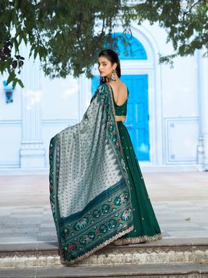 Green Vichitra Silk Thread Work Lehenga with Scalloped Border Dupatta 3