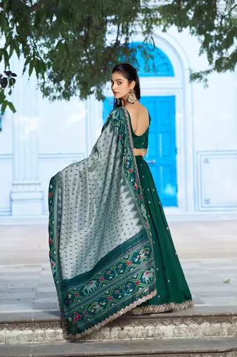 Green Vichitra Silk Thread Work Lehenga with Scalloped Border Dupatta