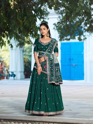 Green Vichitra Silk Thread Work Lehenga with Scalloped Border Dupatta 4
