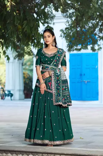 Green Vichitra Silk Thread Work Lehenga with Scalloped Border Dupatta