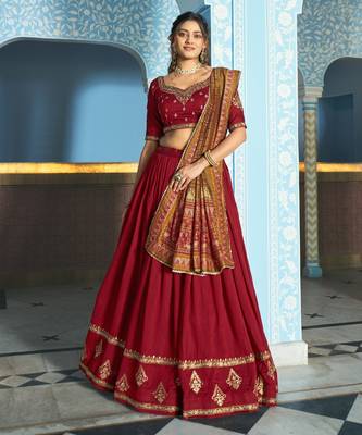 Women Vichitra Silk Sequins & Thread Work Embroidered Lehenga Choli 1