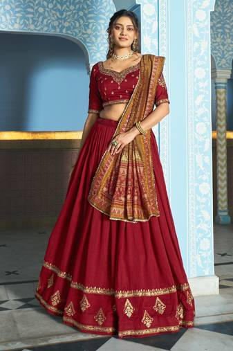 Women Vichitra Silk Sequins & Thread Work Embroidered Lehenga Choli