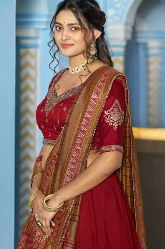 Women Vichitra Silk Sequins & Thread Work Embroidered Lehenga Choli
