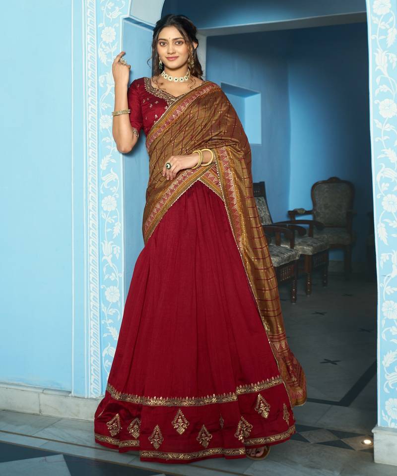 Women Vichitra Silk Sequins & Thread Work Embroidered Lehenga Choli
