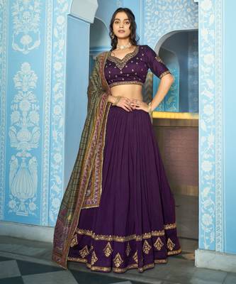 Women Vichitra Silk Sequins & Thread Work Embroidered Lehenga Choli 1