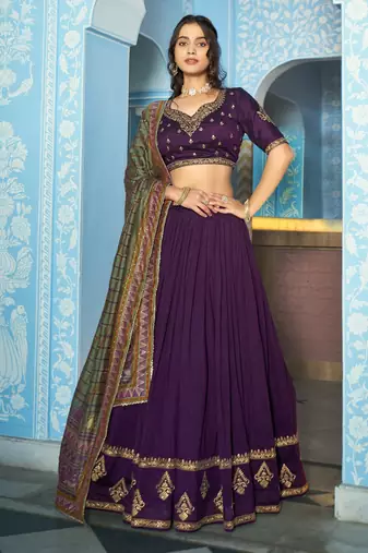 Women Vichitra Silk Sequins & Thread Work Embroidered Lehenga Choli