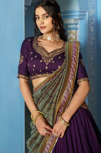 Women Vichitra Silk Sequins & Thread Work Embroidered Lehenga Choli