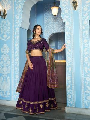 Women Vichitra Silk Sequins & Thread Work Embroidered Lehenga Choli 4