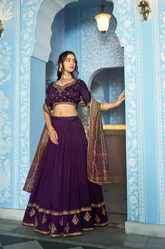 Women Vichitra Silk Sequins & Thread Work Embroidered Lehenga Choli