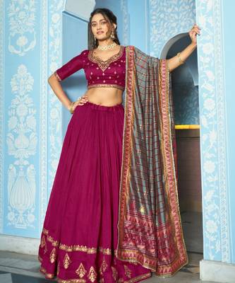 Women Vichitra Silk Sequins & Thread Work Embroidered Lehenga Choli 1