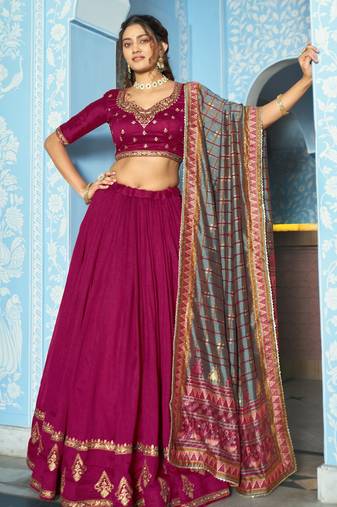 Women Vichitra Silk Sequins & Thread Work Embroidered Lehenga Choli