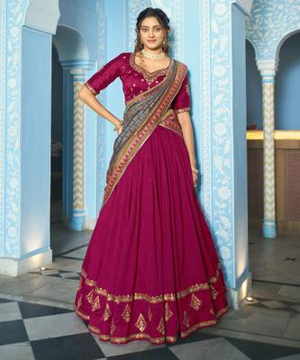 Women Vichitra Silk Sequins & Thread Work Embroidered Lehenga Choli 4