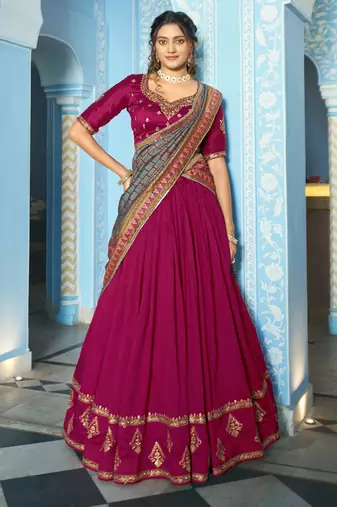Women Vichitra Silk Sequins & Thread Work Embroidered Lehenga Choli