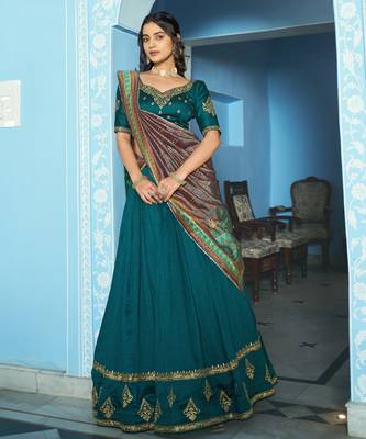 Women Vichitra Silk Sequins & Thread Work Embroidered Lehenga Choli 1