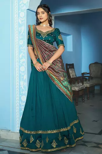 Women Vichitra Silk Sequins & Thread Work Embroidered Lehenga Choli