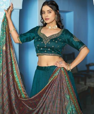 Women Vichitra Silk Sequins & Thread Work Embroidered Lehenga Choli 2