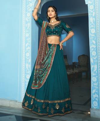 Women Vichitra Silk Sequins & Thread Work Embroidered Lehenga Choli 4