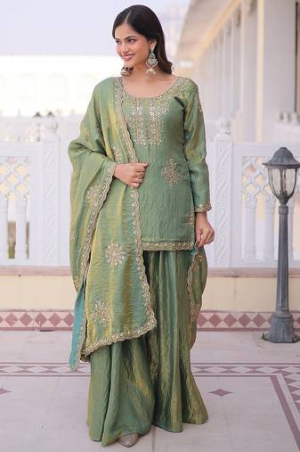 Olive green designer kurta sharara set with heavy embroidery and elegant dupatta style