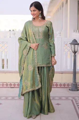 Olive green designer kurta sharara set with heavy embroidery and elegant dupatta style
