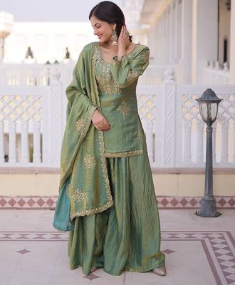 Olive green designer kurta sharara set with heavy embroidery and elegant dupatta style 2
