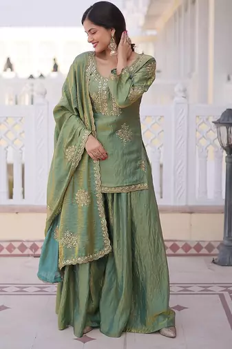 Olive green designer kurta sharara set with heavy embroidery and elegant dupatta style