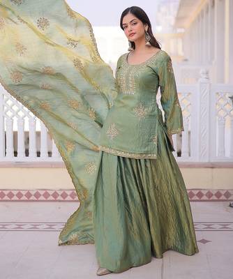 Olive green designer kurta sharara set with heavy embroidery and elegant dupatta style 3