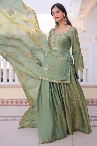 Olive green designer kurta sharara set with heavy embroidery and elegant dupatta style