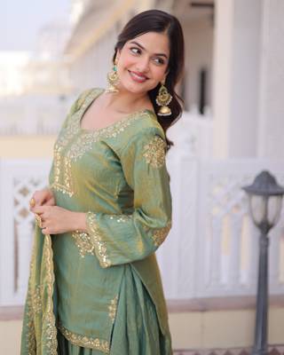 Olive green designer kurta sharara set with heavy embroidery and elegant dupatta style 4