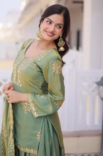 Olive green designer kurta sharara set with heavy embroidery and elegant dupatta style