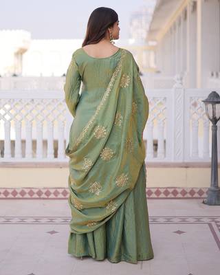Olive green designer kurta sharara set with heavy embroidery and elegant dupatta style 5