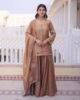 Copper brown ethnic party wear sharara set with golden embroidery dupatta for women 1