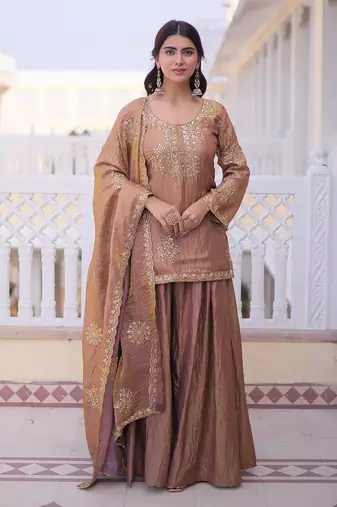 Copper brown ethnic party wear sharara set with golden embroidery dupatta for women