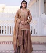 Copper brown ethnic party wear sharara set with golden embroidery dupatta for women