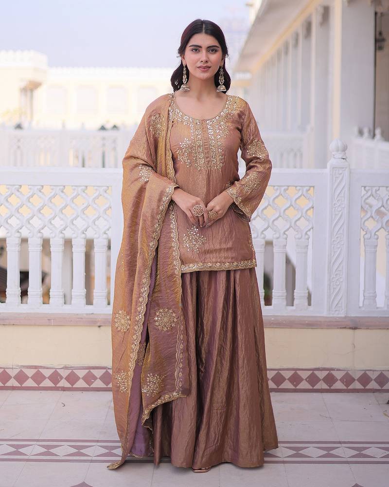 Copper brown ethnic party wear sharara set with golden embroidery dupatta for women