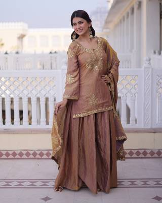 Copper brown ethnic party wear sharara set with golden embroidery dupatta for women 2