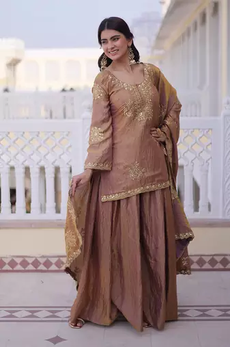 Copper brown ethnic party wear sharara set with golden embroidery dupatta for women