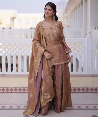 Copper brown ethnic party wear sharara set with golden embroidery dupatta for women 3
