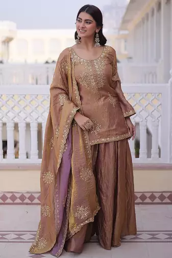Copper brown ethnic party wear sharara set with golden embroidery dupatta for women
