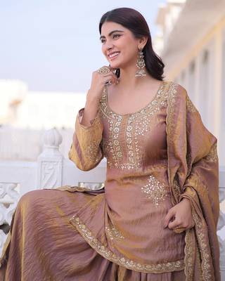 Copper brown ethnic party wear sharara set with golden embroidery dupatta for women 4