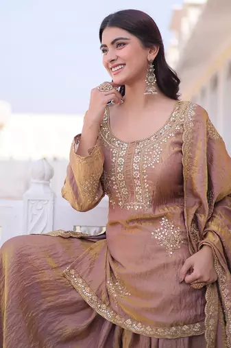 Copper brown ethnic party wear sharara set with golden embroidery dupatta for women