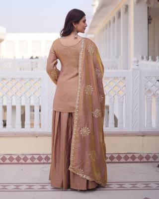 Copper brown ethnic party wear sharara set with golden embroidery dupatta for women 5