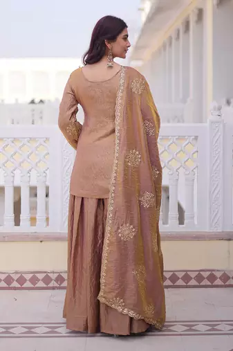 Copper brown ethnic party wear sharara set with golden embroidery dupatta for women